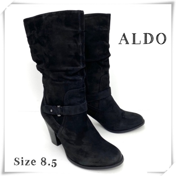 ALDO Suede Belted Slip-on Mid-Calf Heel Boot in Black Size 8.5 - Picture 1 of 9